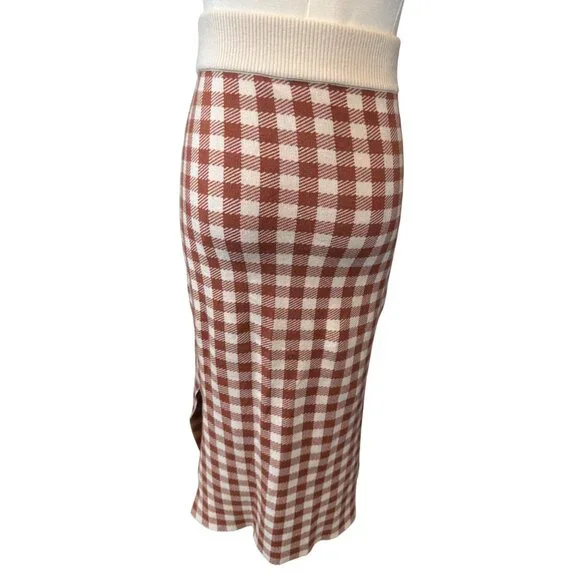 2/$30 Madewell XS Midi Skirt Red Brown & White Gingham Check Elastic Waist Knit - Picture 7 of 14
